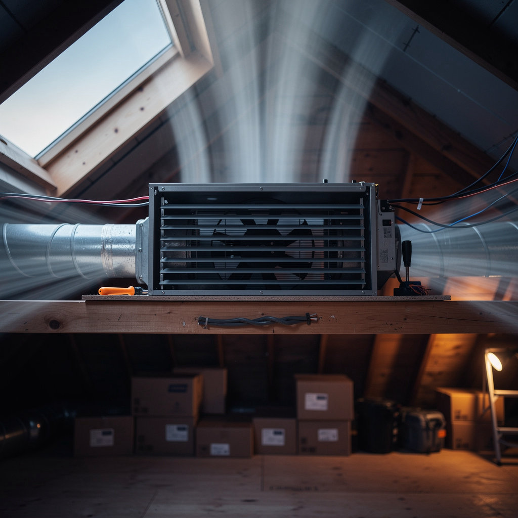 Whole house fan installation step 2: fan unit drawing cool air into home